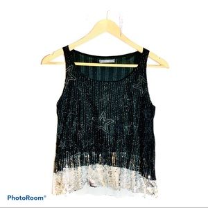 ✨SILVERY STARS PRINT BLING BLACK SLEEVES TANK